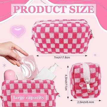58 Pcs Checkered Makeup Bag Set Preppy Aesthetic Cosmetic Bag Travel Makeup Pouch Toiletry Bag 7 Pcs Heishi Surfer Bracelets with 50 Pcs Pink Preppy Stickers for Women Girls Teens Gift (Pink)