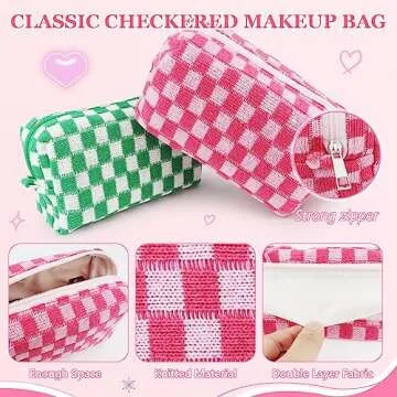 58 Pcs Checkered Makeup Bag Set Preppy Aesthetic Cosmetic Bag Travel Makeup Pouch Toiletry Bag 7 Pcs Heishi Surfer Bracelets with 50 Pcs Pink Preppy Stickers for Women Girls Teens Gift (Pink)
