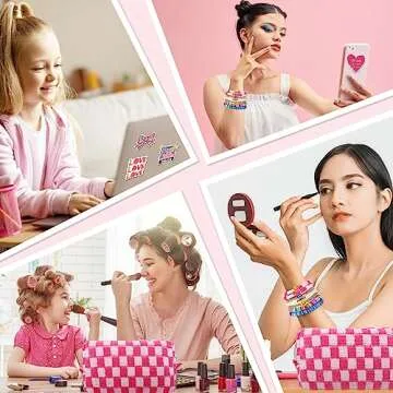 58 Pcs Checkered Makeup Bag Set Preppy Aesthetic Cosmetic Bag Travel Makeup Pouch Toiletry Bag 7 Pcs Heishi Surfer Bracelets with 50 Pcs Pink Preppy Stickers for Women Girls Teens Gift (Pink)