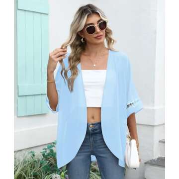 LILBETTER Women Lightweight Chiffon Cardigan Puff Sleeve with Lace Loose Beach Wear Cover Up Blouse ...
