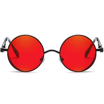 Dollger Vintage Steampunk Sunglasses for Women Men Retro Metal Round Circle Frame Sunglasses(Red Len...