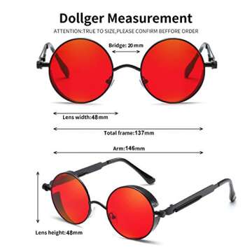 Dollger Vintage Steampunk Sunglasses for Women Men Retro Metal Round Circle Frame Sunglasses(Red Lens/Black frame)