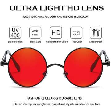 Dollger Vintage Steampunk Sunglasses for Women Men Retro Metal Round Circle Frame Sunglasses(Red Lens/Black frame)
