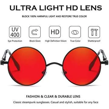 Dollger Vintage Steampunk Sunglasses for Women Men Retro Metal Round Circle Frame Sunglasses(Red Lens/Black frame)