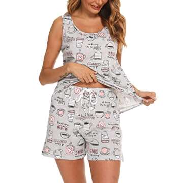 ENJOYNIGHT Womens Pajamas Set Cute Sleeveless Print Tank and Shorts Pj Set Summer Sleepwear (XX-Large, Coffee cup)