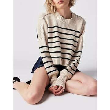UANEO Womens Easy Street Stripe Crop Pullover 2024 Long Sleeve Cropped Sweater Knit Jumper Tops(Beige-L)
