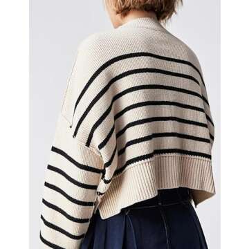 UANEO Womens Easy Street Stripe Crop Pullover 2024 Long Sleeve Cropped Sweater Knit Jumper Tops(Beige-L)
