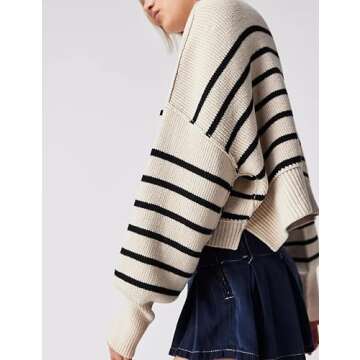 UANEO Womens Easy Street Stripe Crop Pullover 2024 Long Sleeve Cropped Sweater Knit Jumper Tops(Beige-L)