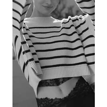 UANEO Womens Easy Street Stripe Crop Pullover 2024 Long Sleeve Cropped Sweater Knit Jumper Tops(Beige-L)