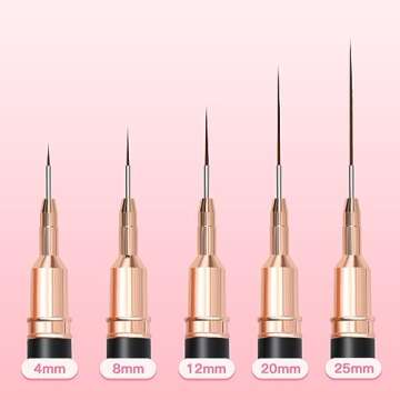 Komall Metallic Nail Art Brushes, 5Pcs Liner Brush Set, UV Gel Polish Painting Art Design Pen for Long Lines, Thin Details, Fine Drawing Sizes 4/8/12/20/25mm(Black)