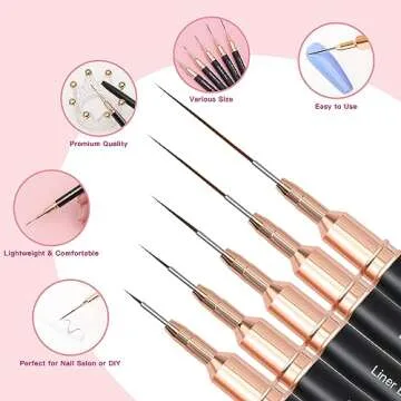 Komall Metallic Nail Art Brushes, 5Pcs Liner Brush Set, UV Gel Polish Painting Art Design Pen for Long Lines, Thin Details, Fine Drawing Sizes 4/8/12/20/25mm(Black)