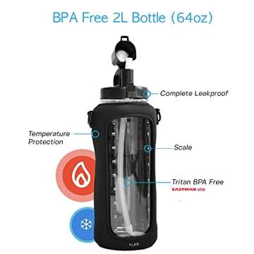 FLES 64 oz Water Bottle with Straw (Black). Time Marker Stickers to Track Times To Drink. 2 Liter BPA Free Bottle and Phone Holder Sleeve with Strap.