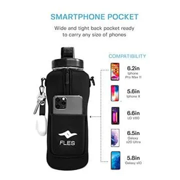 FLES 64 oz Water Bottle with Straw (Black). Time Marker Stickers to Track Times To Drink. 2 Liter BPA Free Bottle and Phone Holder Sleeve with Strap.