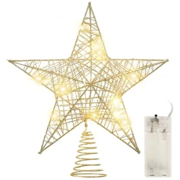 9 inches Gold Star Tree Topper, Lighted Christmas Tree Star with Holder, Glitter Star for Christmas ...