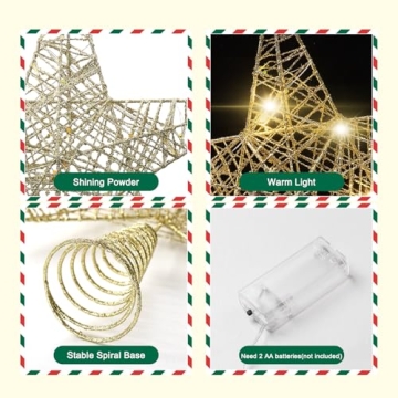 Gold Star Tree Topper with Lights for Christmas Tree