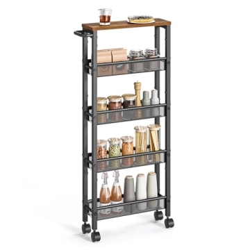 VASAGLE Slim Rolling Cart, 5-Tier Storage Cart, Narrow Cart with Handle, 5.1 Inches Deep, Metal Fram...