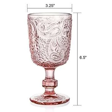 Tebery 4 Pack Pink Glass Wine Goblet Vintage, 10oz Colored Beverage Stemmed Glass Cups, Embossed Des...