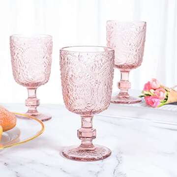 Tebery 4 Pack Pink Glass Wine Goblet Vintage, 10oz Colored Beverage Stemmed Glass Cups, Embossed Design Glassware Set for Water, Juice, Wine,Beer and Cocktails