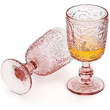 Tebery 4 Pack Pink Glass Wine Goblet Vintage, 10oz Colored Beverage Stemmed Glass Cups, Embossed Design Glassware Set for Water, Juice, Wine,Beer and Cocktails