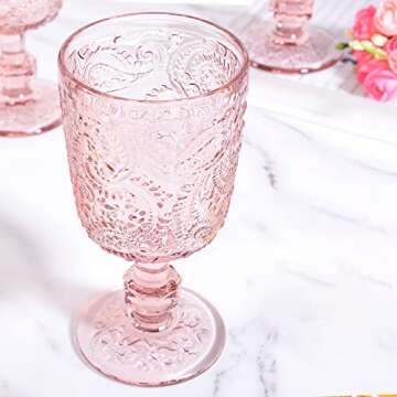 Tebery 4 Pack Pink Glass Wine Goblet Vintage, 10oz Colored Beverage Stemmed Glass Cups, Embossed Design Glassware Set for Water, Juice, Wine,Beer and Cocktails