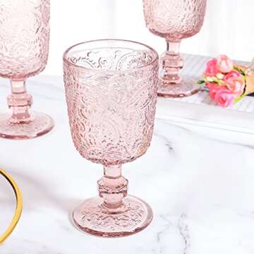 Tebery 4 Pack Pink Glass Wine Goblet Vintage, 10oz Colored Beverage Stemmed Glass Cups, Embossed Design Glassware Set for Water, Juice, Wine,Beer and Cocktails
