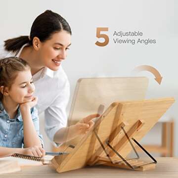 Pipishell Bamboo Book Stand, Cookbook Stands Reading Book Holder with 5 Adjustable Height, Foldable Wooden Cookbook Holder for Textbook, Receipe, Music Books, Tablet