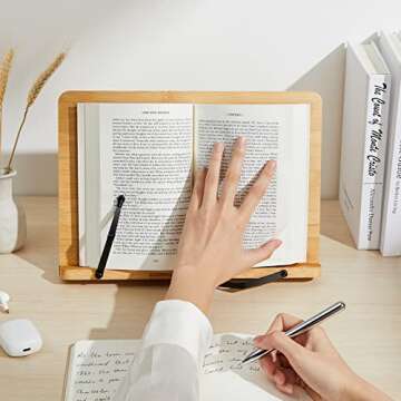 Pipishell Bamboo Book Stand, Cookbook Stands Reading Book Holder with 5 Adjustable Height, Foldable Wooden Cookbook Holder for Textbook, Receipe, Music Books, Tablet