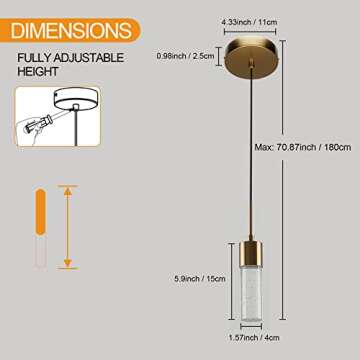 Brass Pendant Light Crystal Column, LED Pendant Lights, Pendant Lights 2 Pack, Crystal Pendant Lights, Pendant Light Fixtures, Pendant Lighting For Kitchen Island, Dining Room, Bedroom (3000K)