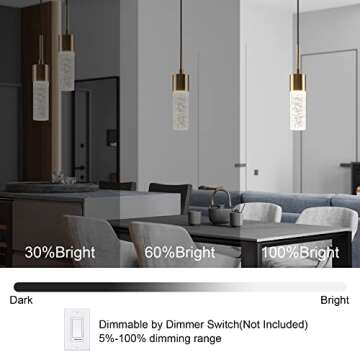Brass Pendant Light Crystal Column, LED Pendant Lights, Pendant Lights 2 Pack, Crystal Pendant Lights, Pendant Light Fixtures, Pendant Lighting For Kitchen Island, Dining Room, Bedroom (3000K)