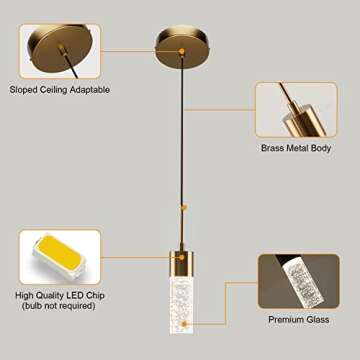 Brass Pendant Light Crystal Column, LED Pendant Lights, Pendant Lights 2 Pack, Crystal Pendant Lights, Pendant Light Fixtures, Pendant Lighting For Kitchen Island, Dining Room, Bedroom (3000K)