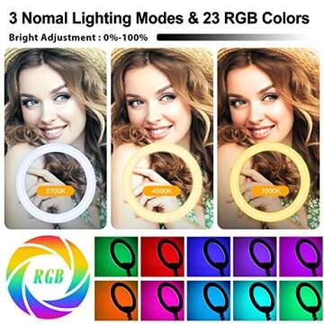 RGB Foldble 18 inch Ring Light with Tripod Stand (2700-7000K) for Phone Camera iPad Selfie Live Stream YouTube TikTok Video Shooting Best Lighting Atmosphere Ringlight (18 inch)