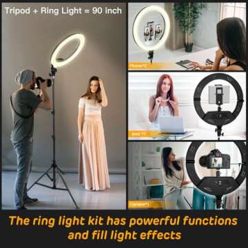 RGB Foldble 18 inch Ring Light with Tripod Stand (2700-7000K) for Phone Camera iPad Selfie Live Stream YouTube TikTok Video Shooting Best Lighting Atmosphere Ringlight (18 inch)