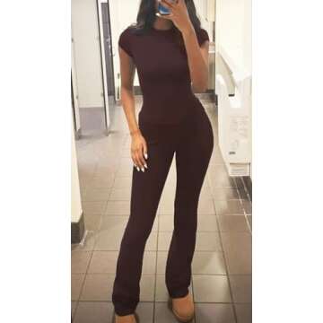 ZFLM Casual Workout Two Piece Outfits for Women Short Sleeve Crop High Waist Foldover Flare Pants Tracksuit Sets Streetwear