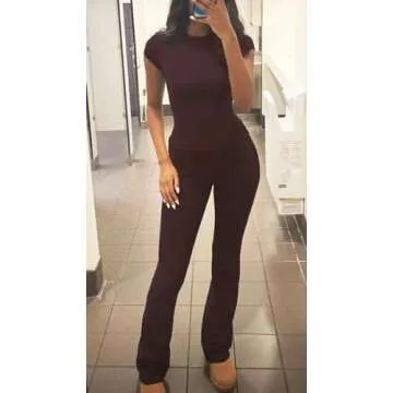 ZFLM Casual Workout Two Piece Outfits for Women Short Sleeve Crop High Waist Foldover Flare Pants Tracksuit Sets Streetwear