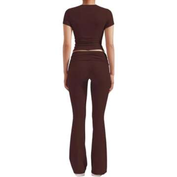 ZFLM Casual Workout Two Piece Outfits for Women Short Sleeve Crop High Waist Foldover Flare Pants Tracksuit Sets Streetwear