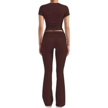 ZFLM Casual Workout Two Piece Outfits for Women Short Sleeve Crop High Waist Foldover Flare Pants Tracksuit Sets Streetwear