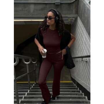 ZFLM Casual Workout Two Piece Outfits for Women Short Sleeve Crop High Waist Foldover Flare Pants Tracksuit Sets Streetwear