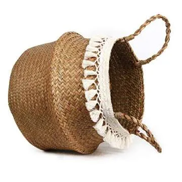BlueMake Boho Woven Seagrass Belly Basket for Storage Plant Basket or Toy Basket Living Bathroom (Small, Beige)