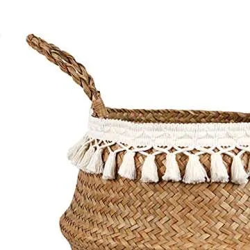 BlueMake Boho Woven Seagrass Belly Basket for Storage Plant Basket or Toy Basket Living Bathroom (Small, Beige)