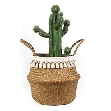 BlueMake Boho Woven Seagrass Belly Basket for Storage Plant Basket or Toy Basket Living Bathroom (Small, Beige)