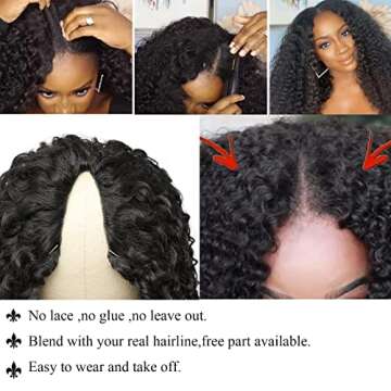 Curly V Part Wig Human Hair No Leave Out Thin Part Wig for Black Women Upgraded U Part Wig with 5*2 inch Lace Beginner Friendly Glueless No Sew Brazilian Remy Human Hair V part Wigs 150% Density (1b#,20inch)