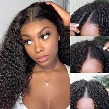 Curly V Part Wig Human Hair No Leave Out Thin Part Wig for Black Women Upgraded U Part Wig with 5*2 inch Lace Beginner Friendly Glueless No Sew Brazilian Remy Human Hair V part Wigs 150% Density (1b#,20inch)