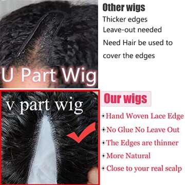 Curly V Part Wig Human Hair No Leave Out Thin Part Wig for Black Women Upgraded U Part Wig with 5*2 inch Lace Beginner Friendly Glueless No Sew Brazilian Remy Human Hair V part Wigs 150% Density (1b#,20inch)