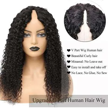 Curly V Part Wig Human Hair No Leave Out Thin Part Wig for Black Women Upgraded U Part Wig with 5*2 inch Lace Beginner Friendly Glueless No Sew Brazilian Remy Human Hair V part Wigs 150% Density (1b#,20inch)