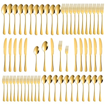 60-Piece Gold Silverware Set, Stainless Steel Flatware Cutlery Set Service for 12, Gold Utensils Tab...