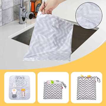 Damero Breast Pump Parts Bag, 2Pack Wet Bag for Breast Pump Parts Storage with Waterproof Mat, Gray Chevron