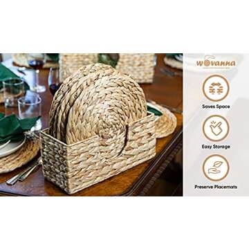 Wovanna Woven Placemats for Dining Table - Set of 6 Adorable Thick Rustic Round Kitchen Placemats with Decorative Tall Holder – All Natural Wicker Tablemats Hand-Braided from Water Hyacinth, 13.5 inch