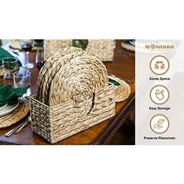Wovanna Woven Placemats for Dining Table - Set of 6 Adorable Thick Rustic Round Kitchen Placemats with Decorative Tall Holder – All Natural Wicker Tablemats Hand-Braided from Water Hyacinth, 13.5 inch