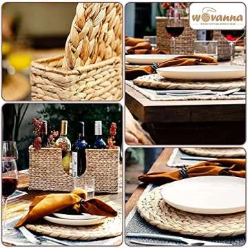 Wovanna Woven Placemats for Dining Table - Set of 6 Adorable Thick Rustic Round Kitchen Placemats with Decorative Tall Holder – All Natural Wicker Tablemats Hand-Braided from Water Hyacinth, 13.5 inch
