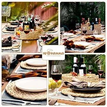 Wovanna Woven Placemats for Dining Table - Set of 6 Adorable Thick Rustic Round Kitchen Placemats with Decorative Tall Holder – All Natural Wicker Tablemats Hand-Braided from Water Hyacinth, 13.5 inch